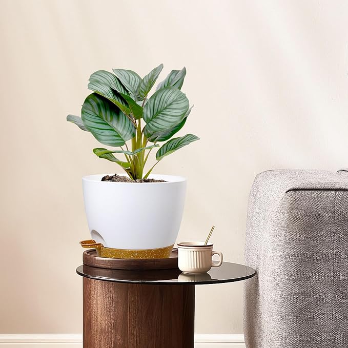 12/10/9 inch Large Self Watering Pots, Plant Pots with Mesh Drainage Holes for Indoor Outdoor Garden Plants, Flower Pots with Deep Reservoir, 3 Pack Plastic Planters, White with Brown