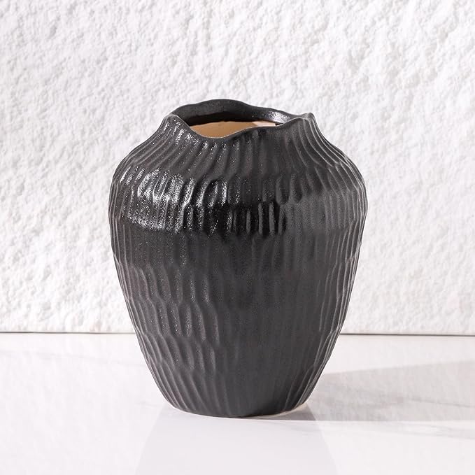 7.8 Inch Black Ceramic Vase - Modern Minimalist Round Vase for Centerpiece, Farmhouse, Living Room-Handcrafted Decorative Design for Dried Flowers, Plants, Home Decor, Rustic & Vintage Styles