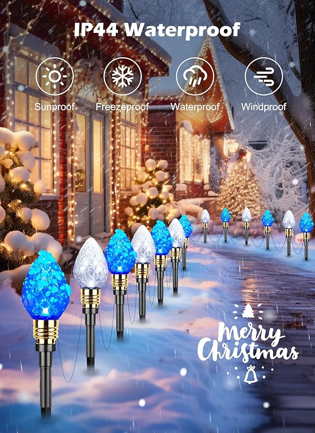 Brightown 2 Pack Strawberry C9 Pathway Lights Outdoor - Total 34.8 Feet 20 LED C9 Walkway Lights, Christmas Outside Decorations for Lawn Holiday, Blue & Pure White