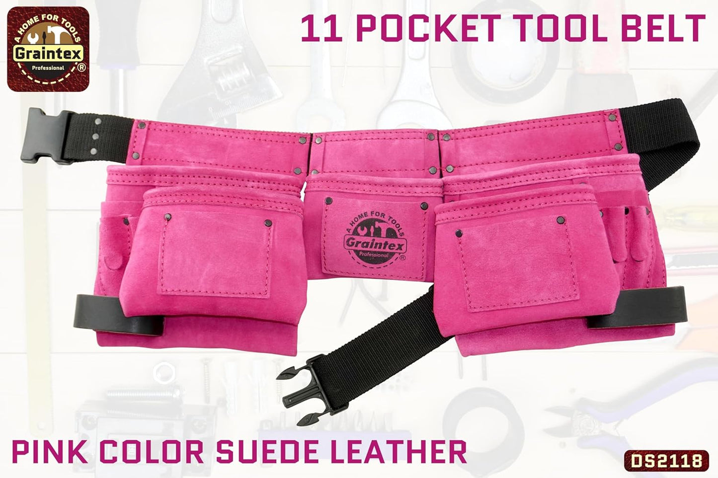 Graintex DS2118 11 Pocket Pink Color Suede Leather Tool Belt/Tool Bag/Work Apron, 2 Hammer Loops, Adjustable Belt | Construction, Carpenter, Roofing, Drywall, Electrician, Gardening, DIY