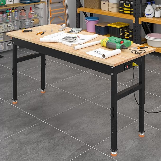 48" Adjustable Work Bench, Rubber Wood Top Workbench Heavy-Duty Work Table with Power Outlet, 2000 LBS Load Capacity Hardwood Work Benches for Garage, Workshop, Home, Office, Easy Assembly