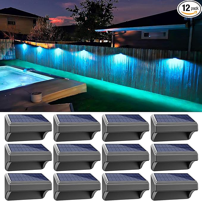 Aulanto Solar Fence Lights 12 Pack, Fence Solar Lights IP65 Waterproof Outdoor Lights,Warm White and 10 RGB Color Glow Modes, Solar Lights Outdoor Decor for Backyard,Garden,Fence,Wall,Deck,Stairs.