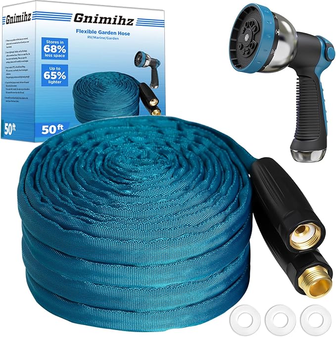 Garden Hose 50ft, Made of TPE(Not PVC), Ultra-Light & Flexible Water Hose with Solid Brass Fittings, Non-Shrinking, Easy to Storage, Drinking Water Safe Material, All-weather, SeaBlue