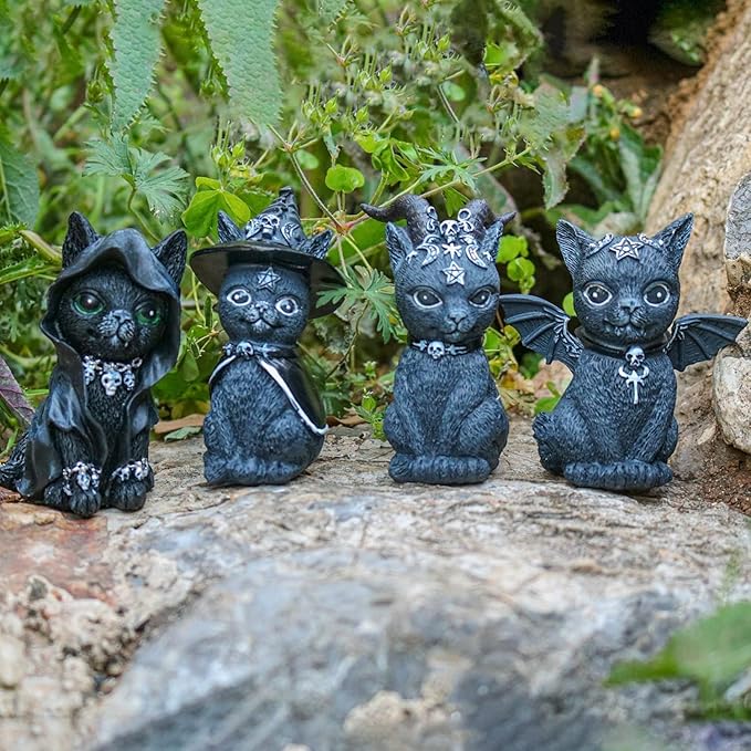 4 Cats Garden Decor Outdoor Statues Décor Black Cat Figurines, Gothic Home Decor, Cats Figurines Outdoor Lawn Ornament Decoration for Cats Lovers