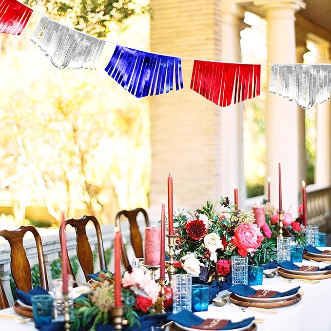 Blue Red Silver Tassel Banner Metallic Fabric Pennant Bunting Flag for 4th of July American USA National Day Patriotic Veterans Graduation Wedding Birthday Retirement Nautical Party Decorations