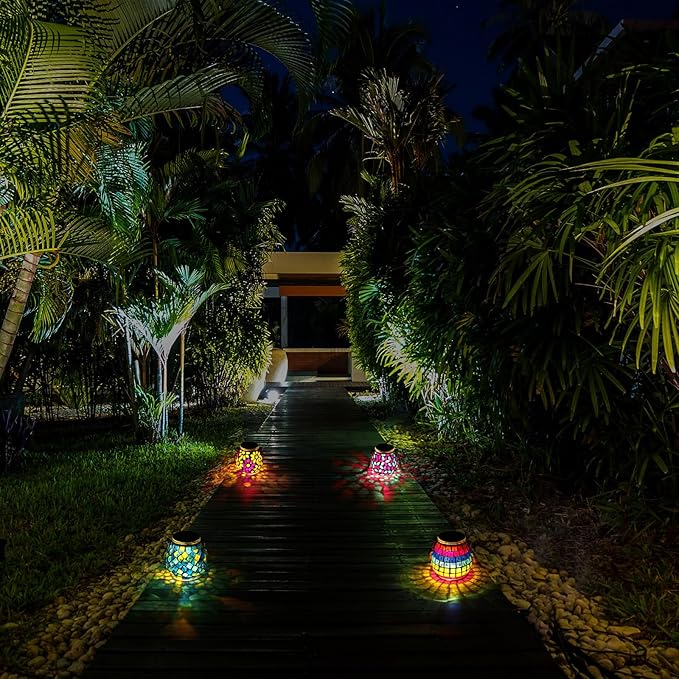 4 Pack Mosaic Solar Lights Outdoor Hanging Lanterns Waterproof Mosaic Lamp Decorative Solar Lanterns Night Lights for Garden, Patio, Yard, Holiday Party Decoration, 4 Pattern