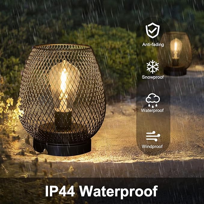 2 Pack Battery Operated Lamp Outdoor Table Lantern,Metal Cage Cordless Lamps with LED Bulb for Weddings Parties Patio Events Indoor Outdoor Patio Bedroom Living Room（Black
