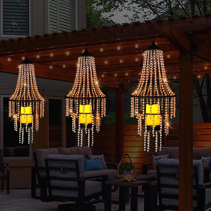 Battery Operated Hanging Chandelier Outdoor Indoor, 28” Modern Acrylic Crystal Hanging Beaded Lantern with Led Candle Light, Pendant Lights Decor for a Gazebo, Garden, Backyard, Patio, Balcony, Porch