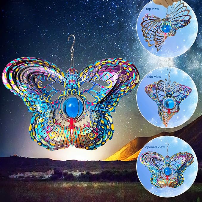 FONMY Mandala Wind Spinner w/Crystal Ball-Butterfly 3D Stainless Steel Hanging Spinners Worth Gift Christmas Decoration Indoor/Outdoor Garden Décor Kinetic Yard Art 12 Inches Wind Sculpture