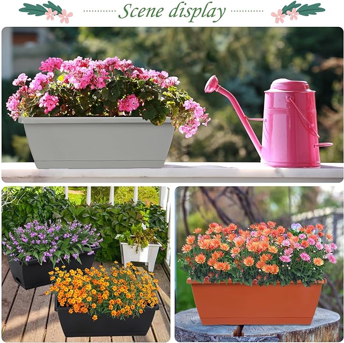 12Pcs 17Inches Rectangle Planter Box with Drainage Holes and Trays Plastic Planters Flower Boxes Pots for Indoor Outdoor Plants Patio Garden Home Decor Porch Yard (Black)