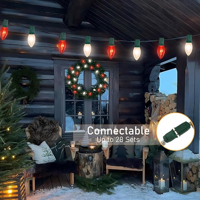 25ft C9 Red and White Christmas Lights,Waterproof C9 Christmas String Lights With 26 Red White bulbs,Commercial Christmas Lights Outdoor for Garden House Xmas Garland Christmas Tree Decorations