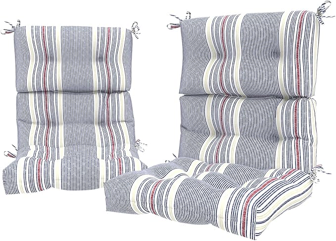 LVTXIII Outdoor Tufted High Back Cushions Set of 2 Patio Seasonal Replacement Rocking Chair Cushion with Ties, Solid Seat and Back Chair Cushion, (44” L x 22W”, Stripe Denim Blue)