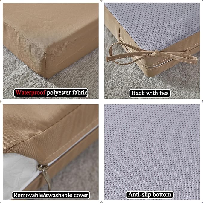 20 x 20 Inch Outdoor Chair Cushions for Patio Furniture, UV Resistant Non Slip Waterproof Replacement Patio Seat Cushion with Ties Set of 2, Khaki