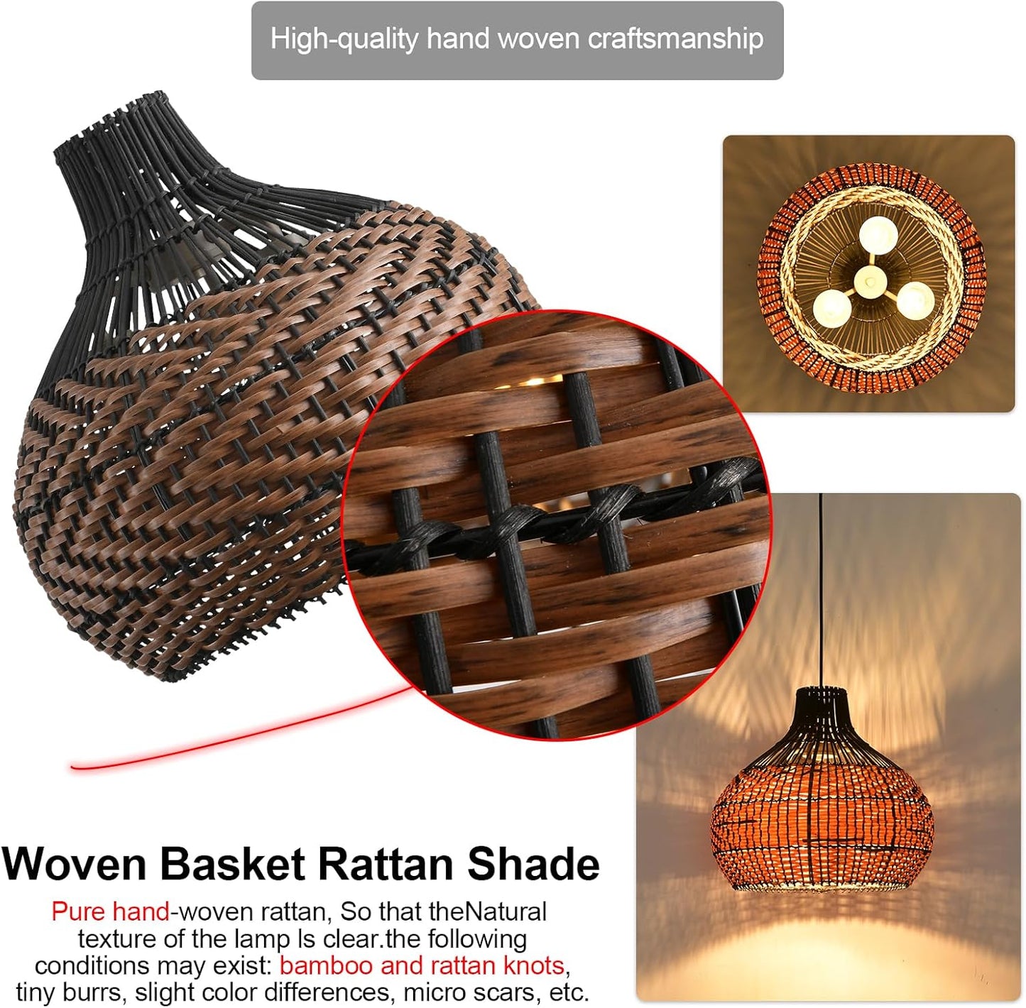 3-Light Rattan Pendant Light,15" Hand-Woven Black Brown Faux Rattan Hanging Light Boho Wicker Basket Chandelier,for Living Room Bedroom Kitchen Dining Farmhouse 1-Pack