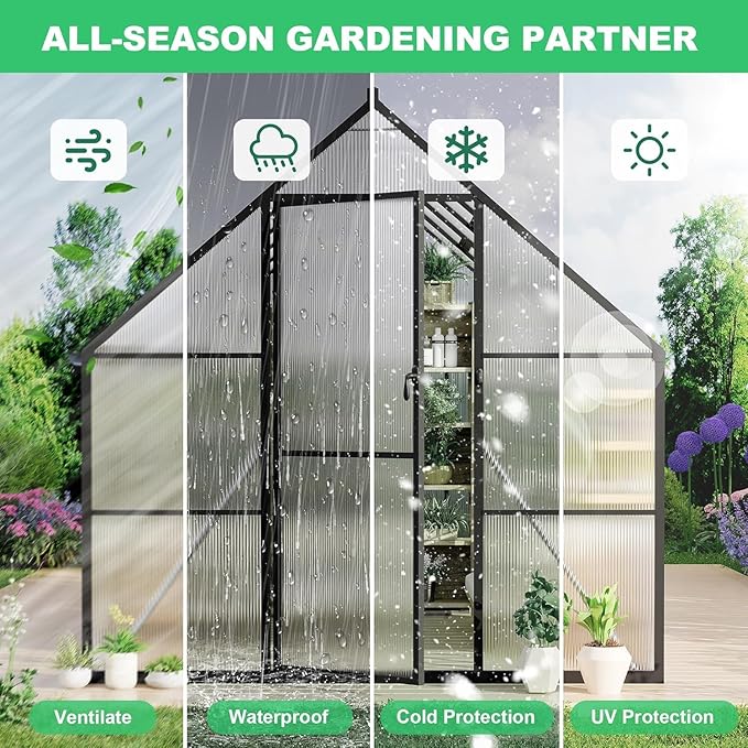Greenhouse 6x9 FT Aluminum-Framed Heavy Duty Polycarbonate with Quick Setup Structure and Roof Vent Large Enhanced Outdoors Green House Kit