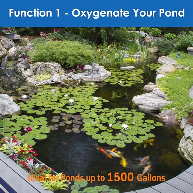 AquaMiracle Pond Aeration Kit Pond Air Pump Koi Pond Aerator for Pond up to 1500 Gallons Pond Deicer All-in-One Pond Aeration System with 2-Outlet Airline Tubing Air Stones Check Valves