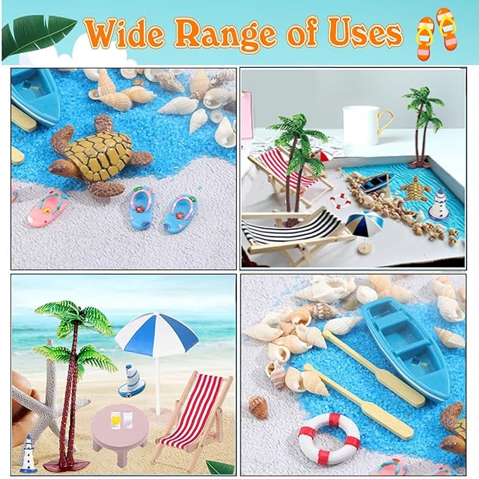 31 Pcs Beach Microlandscape Miniature Dollhouse Decoration, Maritime Decoration with Mini Beach Umbrella Mini Chair Miniature Coconut Tree Beach Decor for DIY Garden Plant Pool