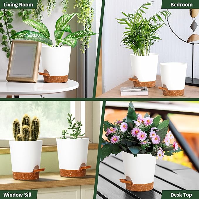 4 inch Small Plant Pots for Outdoor Indoor Plants, 10 Pack Planters with Drainage Holes and Tray, Small Self Watering Pots for Succulent,Cactus, Aloe and Other Plants. (White)