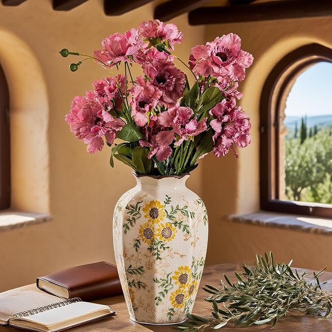 Hand-Painted Sunflower Vintage Ceramic Octagonal Vase, Green Yellow Beige Flower Vases for Bouquet, Fireplace Mantle, Table Centerpieces, Bookshelf, Office, Chinoiserie Floral Home Decorations 9.1 in