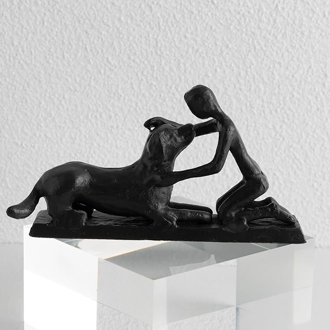 Boy and Dog Statue, Love of Dog Sculpture, Gifts for Dog Lovers, Dog Memorial Gifts for Man and Boy, Cast Iron, Black