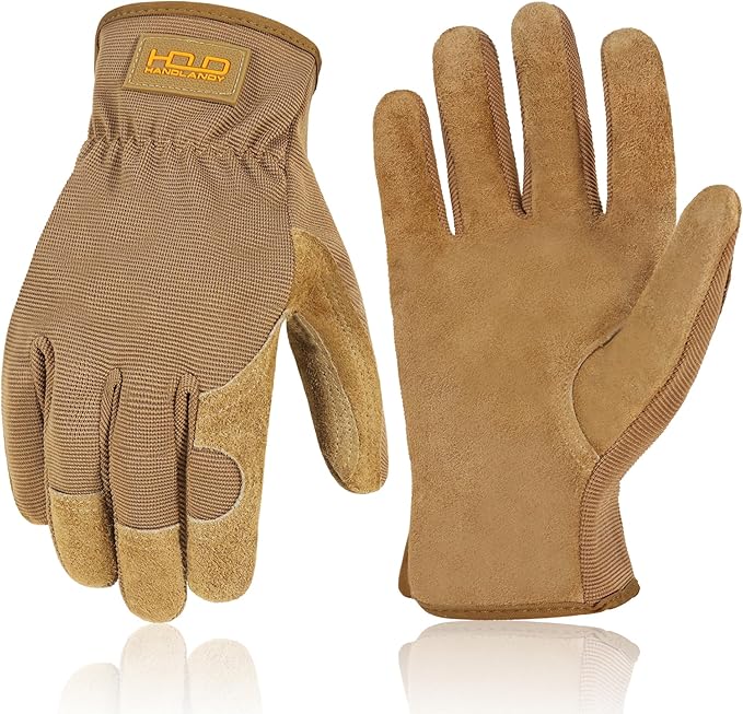 HANDLANDY Leather Work Gloves for Men & Women, Reinforced Durable Garden Gloves, Cowhide Working Glove for Gardening
