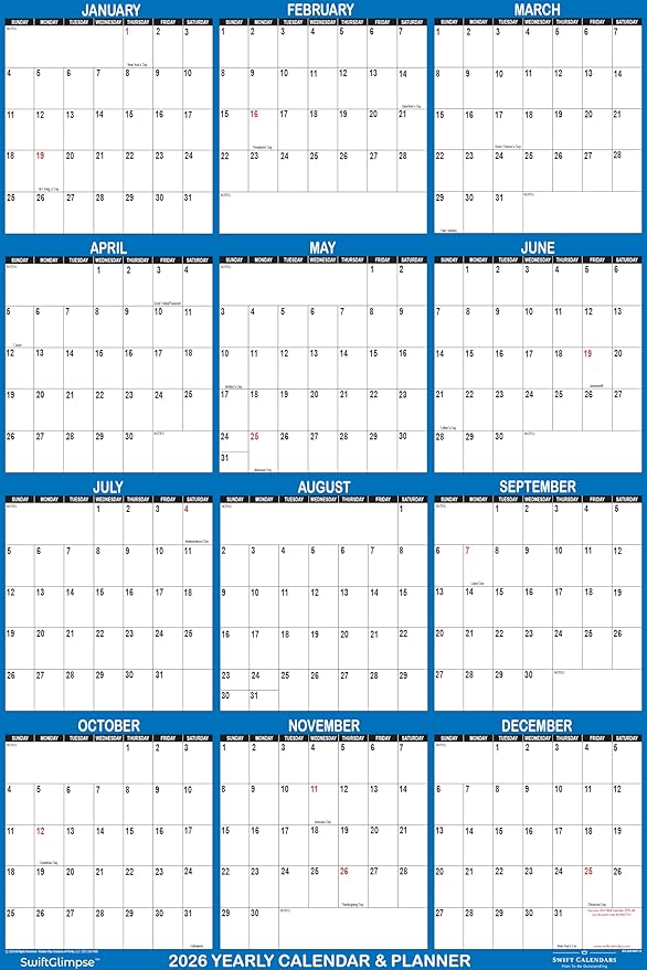 24" x 36" SwiftGlimpse 2026 Paper Folded Wall Calendar Large 12 Month Annual Yearly Wall Planner, Reversible, Horizontal/Vertical, Navy