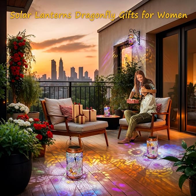 Go2garden 2Pack Solar Outdoor Lanterns Waterproof Dragonfly Garden Gifts for Women Patio Decor Lights Metal Lantern for Yard, Tabletop, Porch, Outside,Mothers Day Gifts for Mom Women