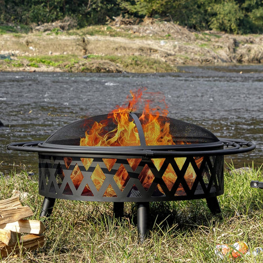 42 Inch Wood Burning Fire Pit with 2 Loops, Outdoor Fire Pit with Spark Screen & Fire Poker, Cross Weave Firepit for Outside Fireplace Bonfire for Yard,Patio, Garden