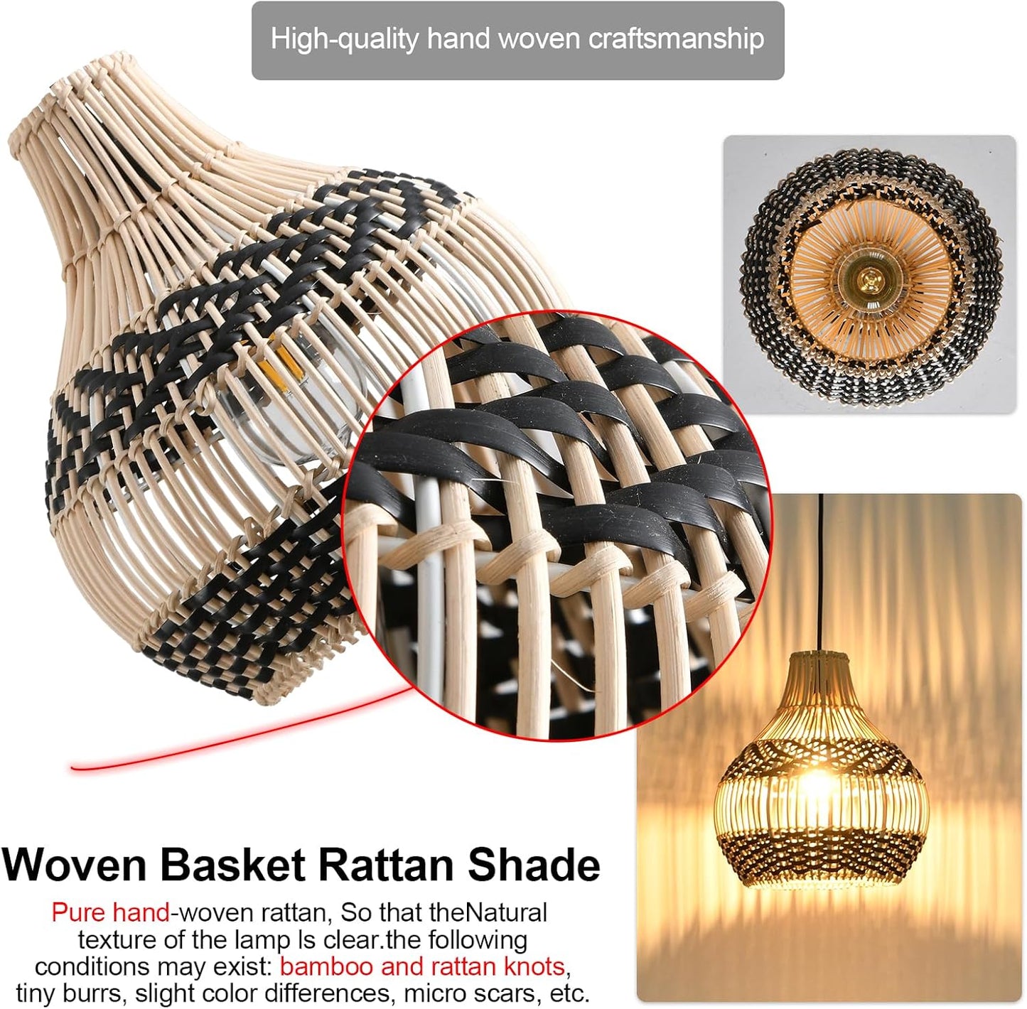 3-Pack Fax Rattan Pendant Light Fixture Mini Hand-Woven Black White Rattan Chandelier 10.24" Boho Wicker Hanging Lamp for Dining Living Bedroom Kitchen Farmhouse