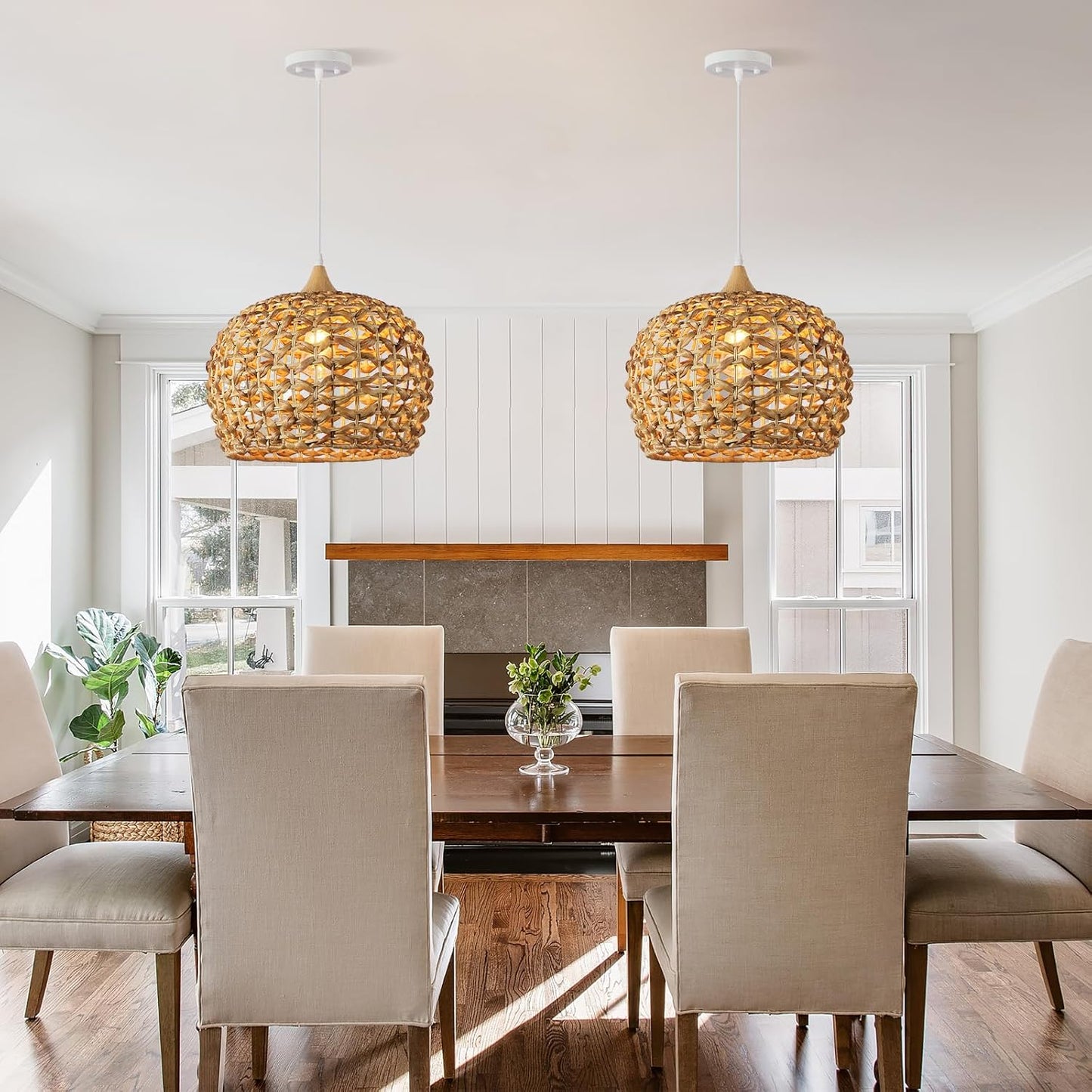 Boho Pendant Lights, 15.7" 1-Light Rattan Chandelier Hand-Woven Wicker Pendant Light with Water Hyacinth Shade, Coastal Dome Hanging Light for Dining Room Kitchen Island