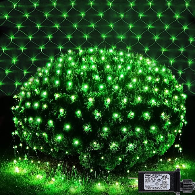 Green Net Outdoor Mesh Lights for St Patrick's Day, 14.8ft x 5ft 300 LED String Lights, 8 Modes Connectable Fairy Mesh for Christmas, Bushes, Tree, Party, Garden Decor