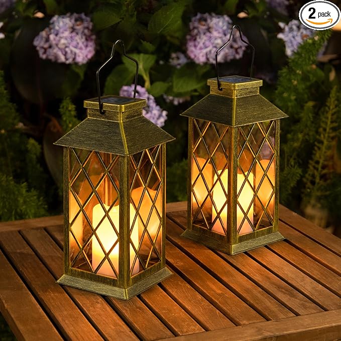 2Pack 11" Outdoor Solar Lanterns Waterproof Garden Patio Lantern Lights Flickering Candle Mission for Outside, Party, Yard, Lawn, Mothers Day Gifts Garden Gifts for Mom Women (Antique Green Bronze)