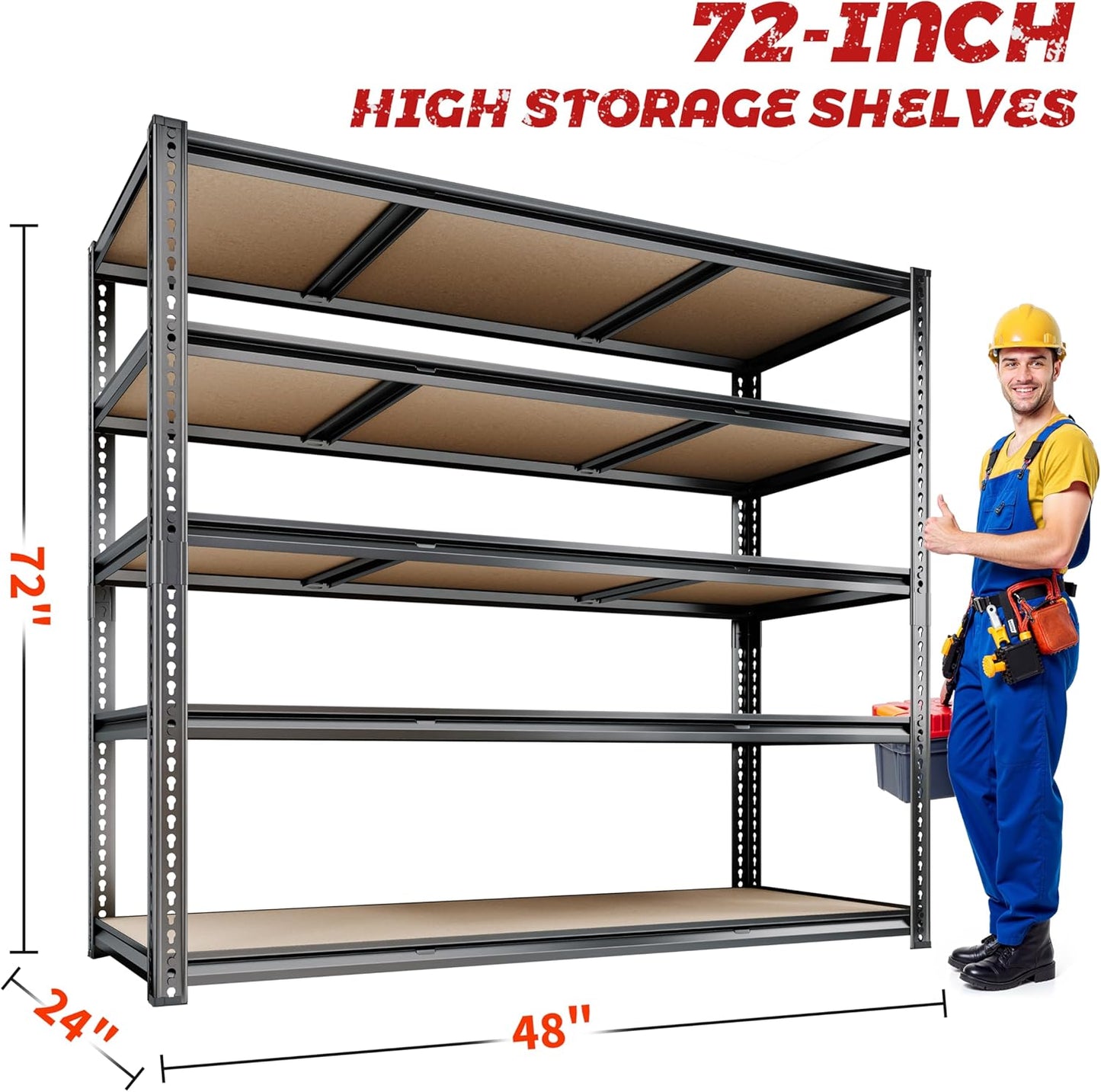 48"W Garage Shelving, 3050LBS Storage Shelves heavy duty, 5 Tier Metal Shelving Unit Adjustable Garage Shelves Heavy Duty Shelving for Warehouse,Commercial, Kitchen, 48" W × 24" D × 72" H, Black，2PCS