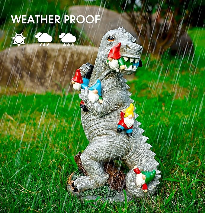 Garden Statue Outdoor Decoration, Weatherproof 14” Dinosaur Garden Gnome, Indoor Outdoor Décor Garden Art for Patio Lawn Yard, Gardening Gift for Homeowners