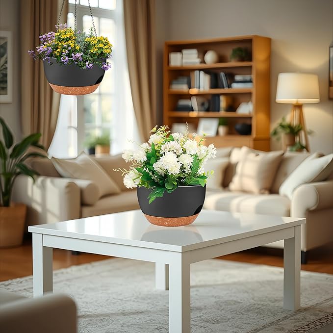 2 Pack 12 Inch Large Hanging Planters with Chains Self Watering Black Brown Plastic Hanging Pots for Indoor Outdoor Plants, Garden Porch Home Decor，Black Brown