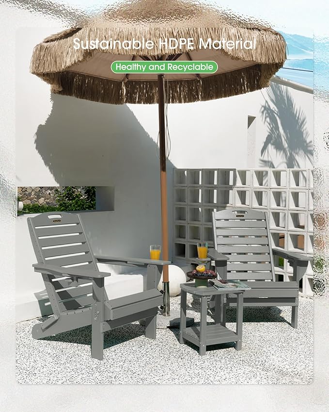 Adirondack Chairs Set of 4, Outdoor Fire Pit Chairs, HDPE All-Weather Adirondack Chairs with Cup Holder, Lawn Chair for Deck, Patio, Garden (Grey)