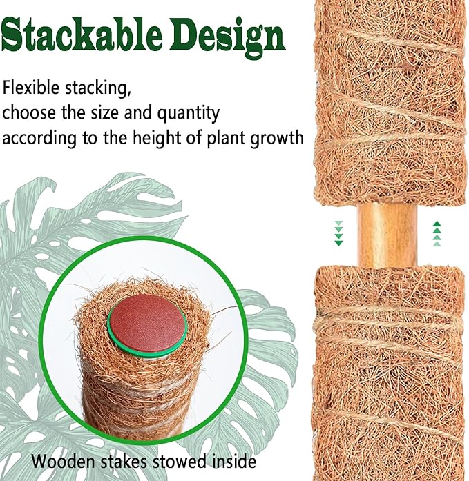 2 Pack 21 Inch Moss Poles, Stackable Moss Pole for Plants Monstera, 37 Inch Tall Moss Poles for Climbing Plants Indoor, Coir Totem Plant Support Stakes Stand for Potted Plants, Pothos