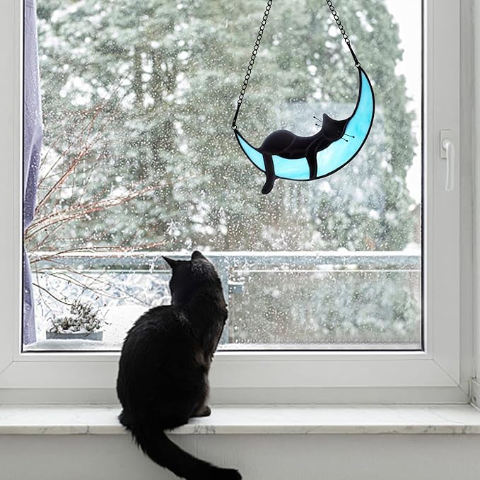 BOXCASA Sleeping Cat Stained Glass Windown Hanging,Black Cat on Moon Beautiful Handcrafted Sun Catcher Gifts for Daughter,Mothers Day,Christmas and Cat Lover