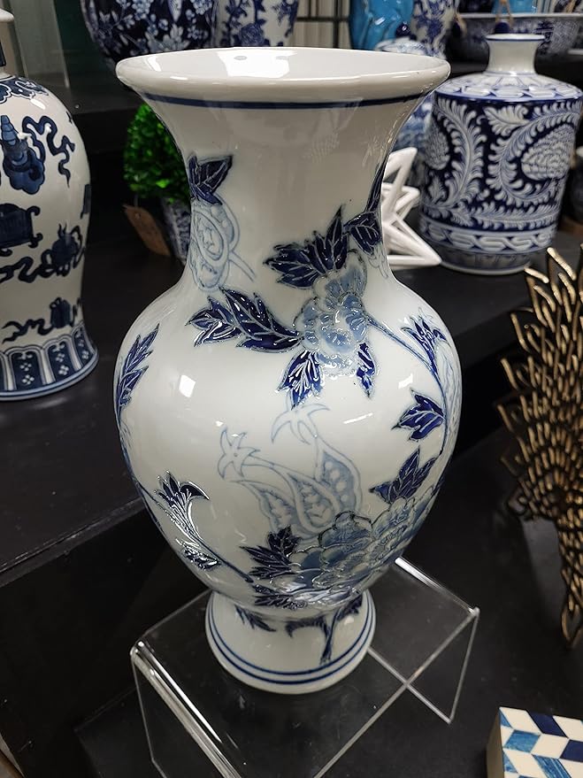 Galt International Blue and White Floral Chinoiserie Ceramic Vase 14" - Hand Painted Antique Style Porcelain Flower Bottle Fishtail Porcelain Chinese Vase for Home Decor Centerpiece