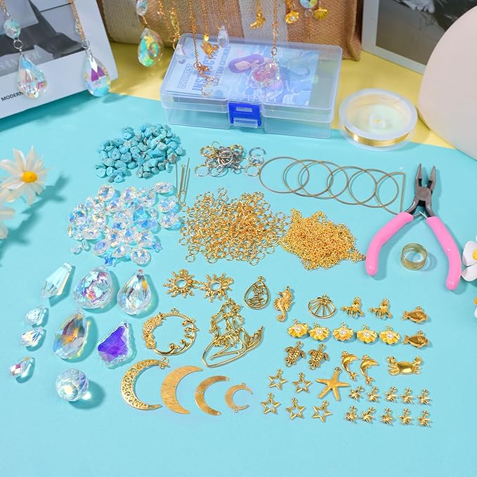 420pcs Suncatcher Making Kits for Adults Crystal Sun Catchers Crafts with Hooks Chains Pendants Rainbow Maker for Window Hanging Prism Indoor Outdoor Garden Xmas Wedding Party Decor (Mermaid)