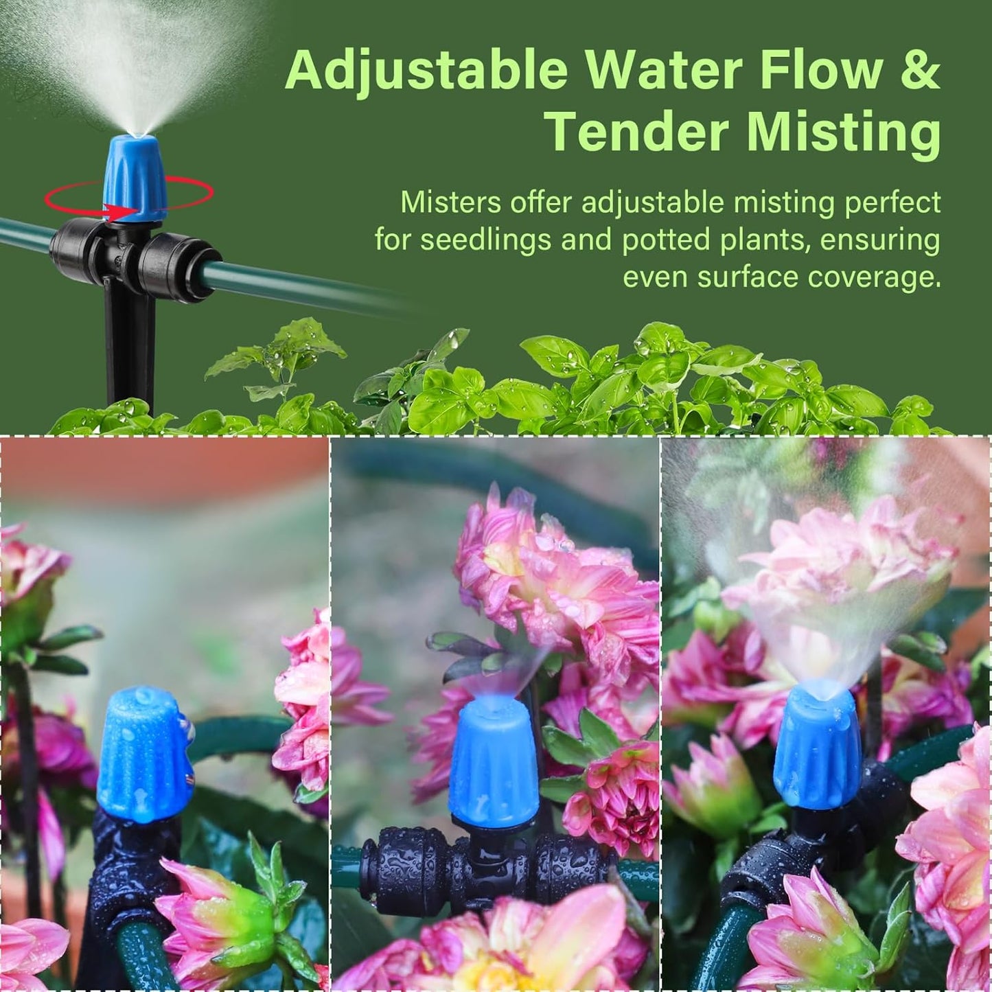 Bonviee 65FT Drip Irrigation System with Quick Connector- New Automatic Drip Irrigation Kits Garden Watering System for Raised Bed Garden Greenhouse with 1/4'' Tubing, Drip Emitters, Connectors