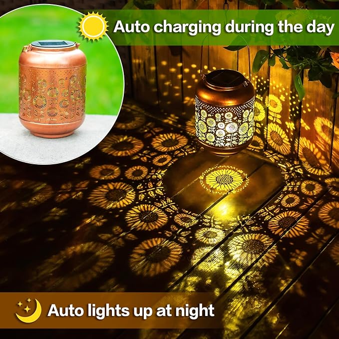 2 Pack Sunflower Solar Lanterns Outdoor Waterproof Hanging Solar Lights Sunflower Gifts for Women Men Mom Metal Decorative LED Outdoor Lanterns for Patio,Lawn,Landscape, Garden Decor, Yard Decoration