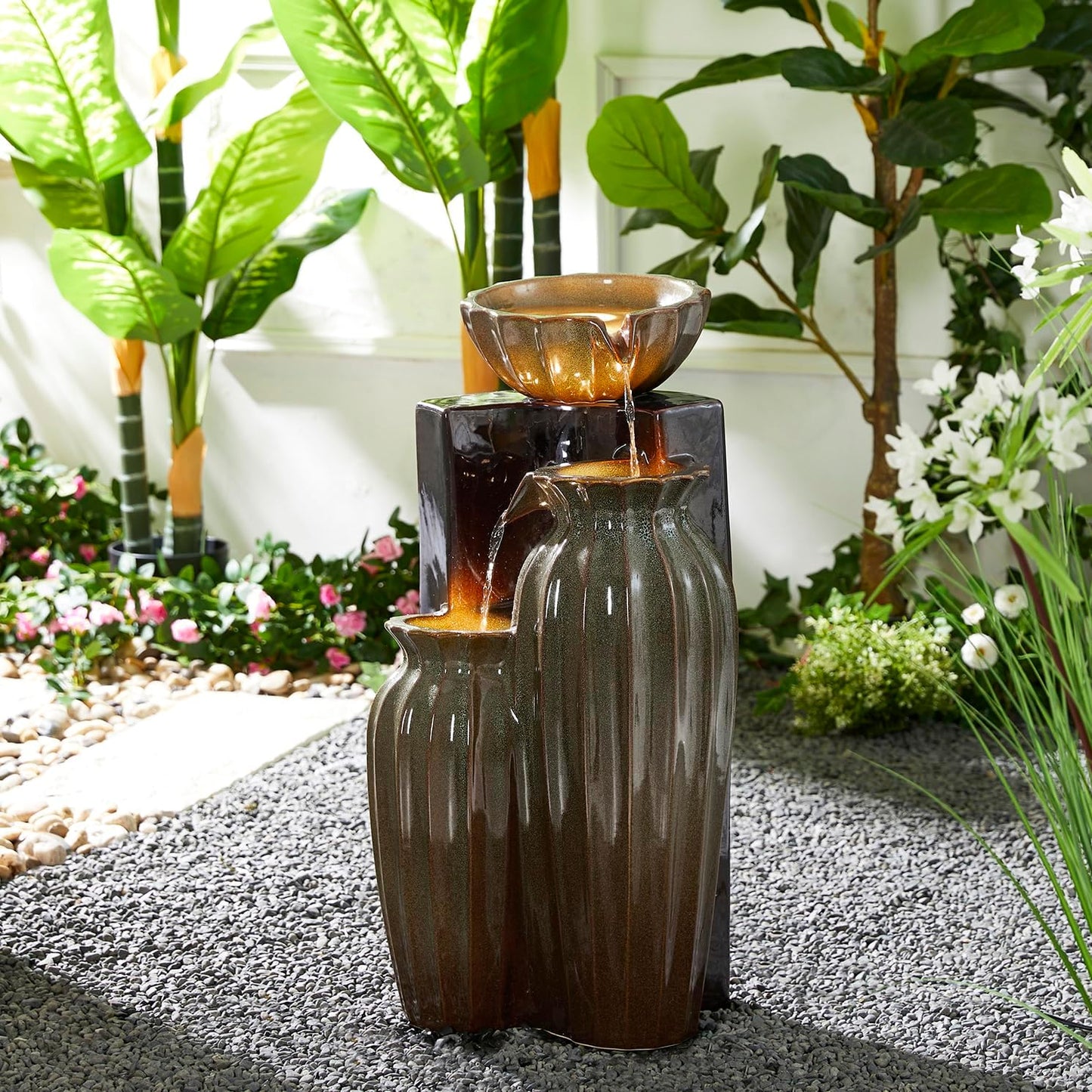 Glitzhome 26.75" H Ceramic Outdoor Water Fountain with LED Lights and Pump, Two Tone Olive Green and Brown Reactive Fluted Texture Cascading Waterfall Floor Standing Fountain for Porch Garden Patio