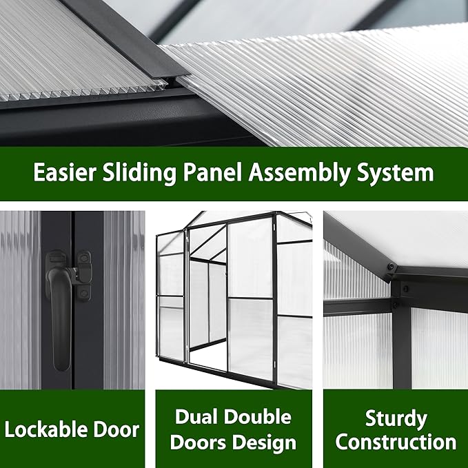 8x10 FT Outdoor Greenhouse Kit, Polycarbonate Aluminum Walk-in Greenhouse with Adjustable Roof Vent and Lockable Door, Backyard Garden in Winter, Gray