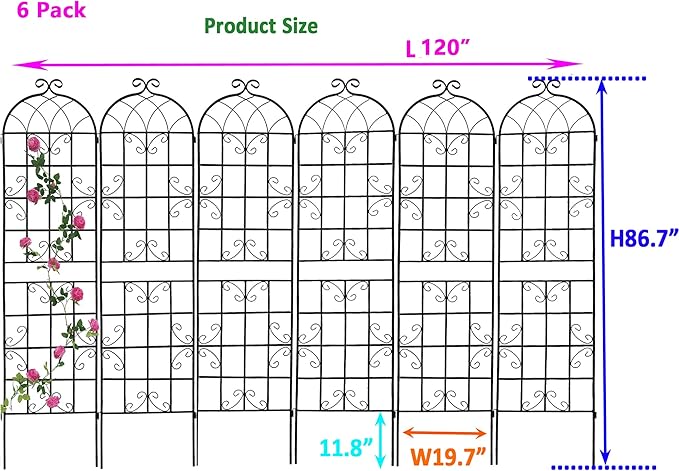 6 Pack Metal Garden Trellis 86.7" H Garden Fence Rustproof Trellis for Climbing Plants Support Roses Flower Outdoor Lawn, Black 7.2FT Tall