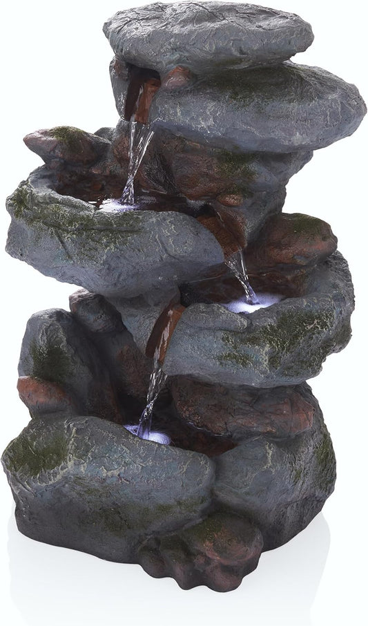 Alpine Corporation WIN582 22" Outdoor 3-Tier Rock Waterfall Fountain with LED Lights for Garden, Patio, Yard, and Porch Decor, Natural Stone Look, Gray
