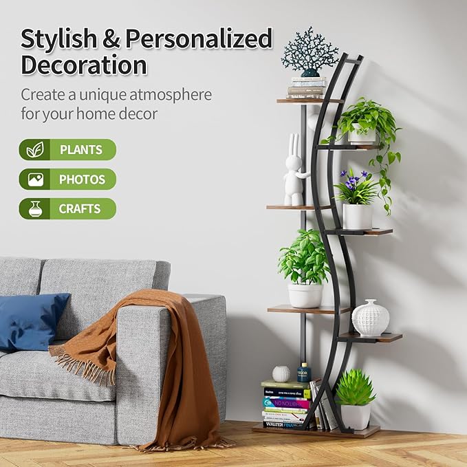 62" Tall Plant Stand with Grow Light Indoor, 7 Tiered Metal Plant Shelf Bookshelf, Curved Corner Flower Stand Display Storage Rack Holder for Living Room, Balcony Decor