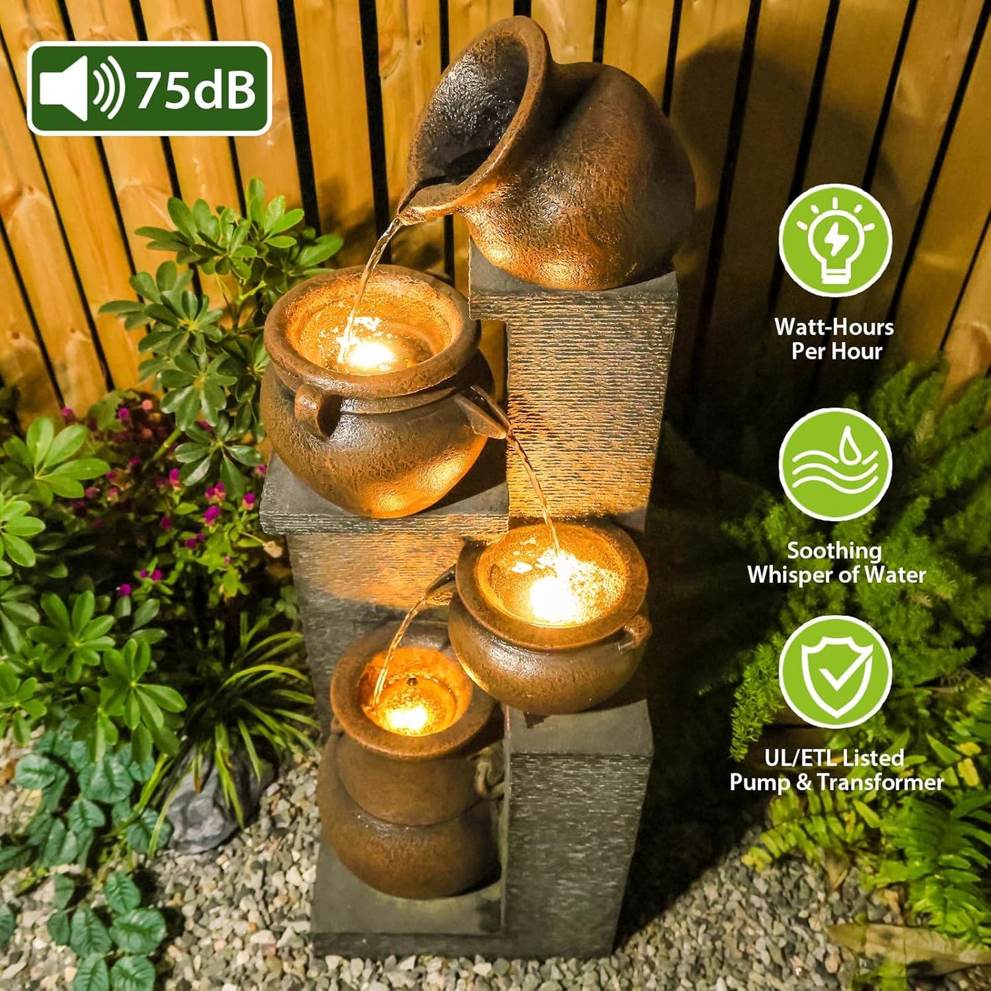 53" H Large Water Fountain Outdoor-The 4 Cascading Modern Feature Crocks Garden Fountains and Waterfalls with Warm Lights for Porch, Deck, Patio, Backyard Home Décor (Gray)