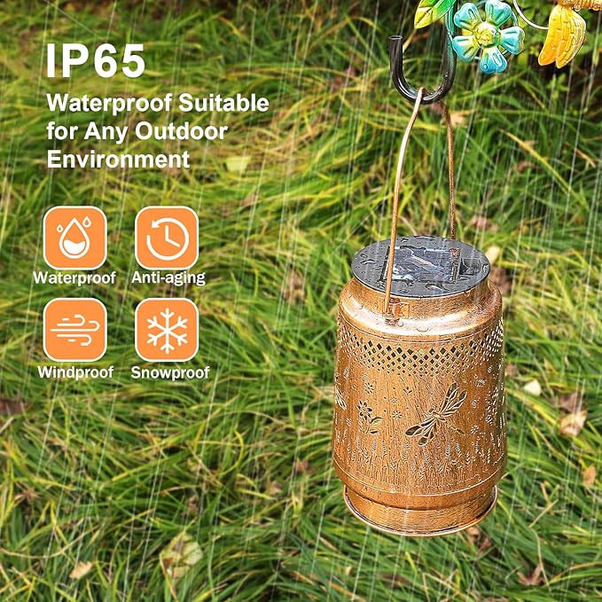 2 Pack Solar Lanterns Outdoor Garden Decor with Shepherd Hook, Gardening Gifts for Mom Grandma Women Dragonfly Metal Decor Lantern Waterproof Solar Lights LED Decorative for Garden Yard Patio