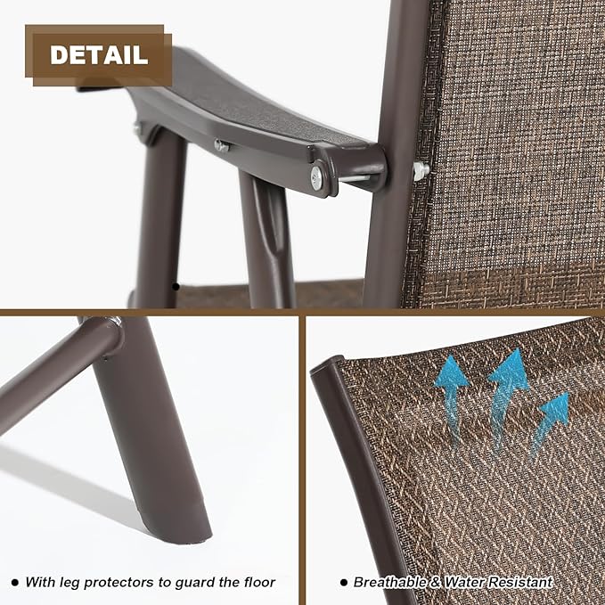 Aoodor Folding Patio Dining Chairs Textilene Fabric, Outdoor Steel Frame for All Weather Use, Fit for Porch, Lawn, Yard, Set of 4, Brown